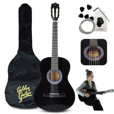 Gitara klasyczna 4/4 38" czarna Golden Guitar+ pokrowiec+ tuner+ struny