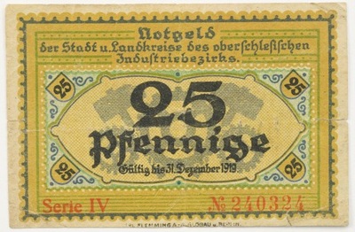 Notgeld Bytom Beuthen in Schlesien Śląsk 25 pfennig fenigów 1919 rok