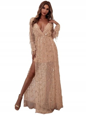 SUKIENKA MAXI Z CEKINAMI BEŻOWA PROSTA BŁYSZCZĄCA Z ROZCIĘCIAMI S Shein