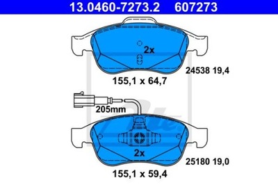 ATE 13.0460-7273.2 КОЛОДКИ ГАЛЬМІВНІ ПЕРЕД ALFA GIULIETTA 1,4/1,6 JTDM 10-