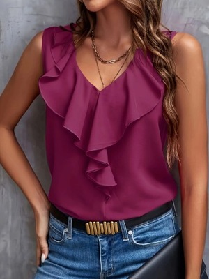 Ruffle Trim V Neck Tank Top Casual Sleeveless Top