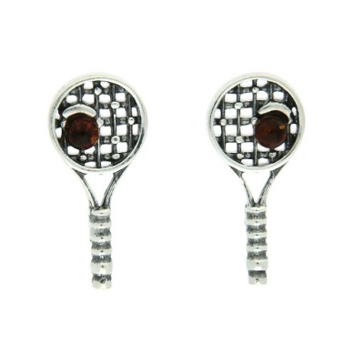 SREBRNE KOLCZYKI NA SZTYFT RAKIETY TENISOWE BURSZTYN