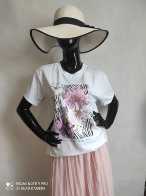 T-shirt kwiaty paski różowe M L ** z Wloch ** 38 40 bluzka