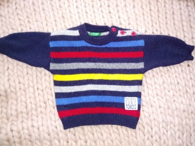 Sweter sweterek BENETTON 66 cm paski 80% wełna 12