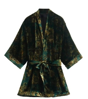 kimono welurowe orientalne plus size zieleń oliwka