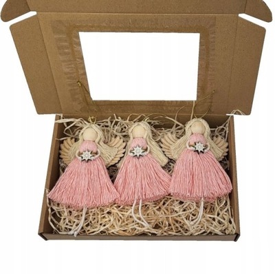 ANIOŁKI MAKRAMA NA CHOINKĘ ZESTAW 3SZT W PUDEŁKU OZDOBY ŚWIĄTECZNE BOX