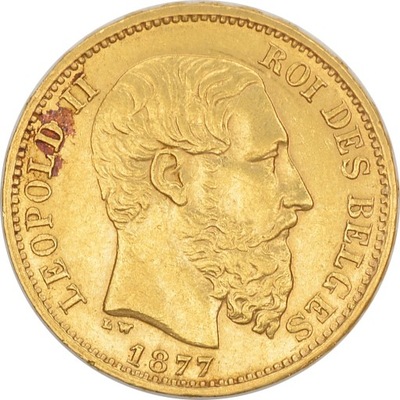 27.BELGIA, LEOPOLD II, 20 FRANKÓW 1877