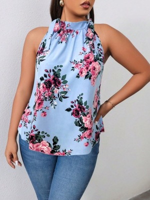 SHEIN LUŹNY TOP BEZ RĘKAWÓW KWIATY STÓJKA WIĄZANIE 35X XXJ__XXL