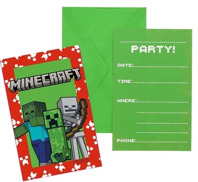 Zaproszenia urodzinowe Minecraft 6 sztuk + Koperty