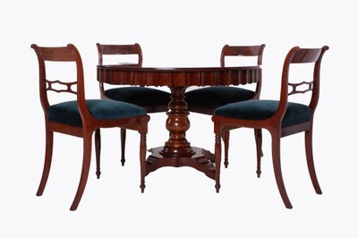 Zestaw do jadalni w stylu biedermeier, okrągły stół i cztery krzesła, XIX w