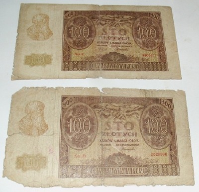 Zestaw 2x 100 złotych - 1940 seria C / D