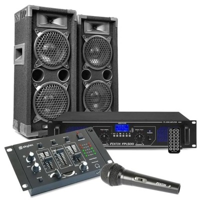 Zestaw DJ-ski karaoke MAX 2x kolumna wzmacniacz mikser dwa mikrofony kable