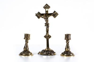 ŚREDNI Zestaw Kolędowy krzyż + świeczniki mosiądz