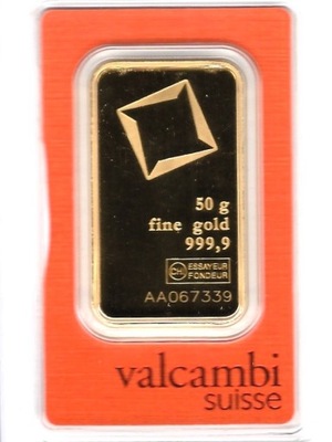 Sztabka złota 50 g (gram) Valcambi LBMA CertiCard inwestycja