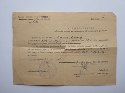 Potwierdzenie zgłoszenia pojazdu mechanicznego D.K.W. Bydgoszcz 1950