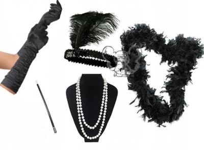 ZEST LATA 20 OPASKA PERŁY CYGARETKA BOA RĘKAWICZKI marszcz