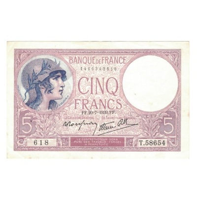 Francja, 5 Francs, Violet, 1939, T.58654, AU(50-53