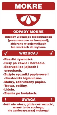 НАКЛЕЙКА SEGREGACJA ODPADÓW, ОТХОДЫ MOKRE 25X50CM