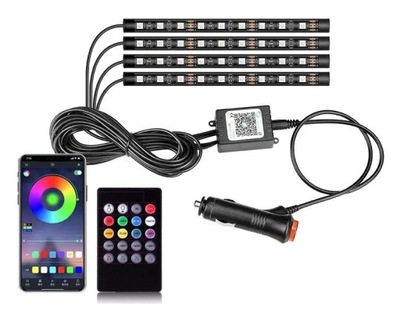 OŚWIETLENIE WNĘTRZA KABINY SAMOCHODU TAŚMA LED RGB 4x9 BLUETOOTH APP