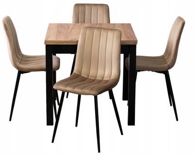 Zestaw Stół 80x160 Rozkładany z 4 Krzesłami Welurowe Beżowymi Do Salonu