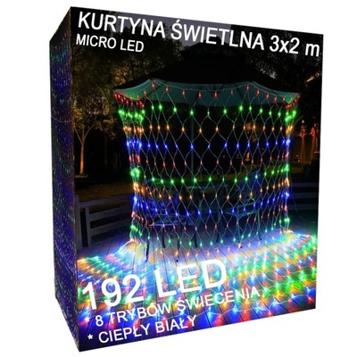 KURTYNA GIRLANDA ŚWIETLNA LED LAMPKI WISZĄCE 8 TRYBÓW MULTIKOLOR 3x2m