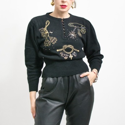 Retro Sweter VINTAGE Angora damski lata 80's czarny haftowany