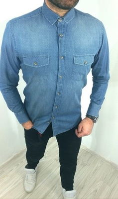 Męska koszula ala jeansowa kropki niebieska XL