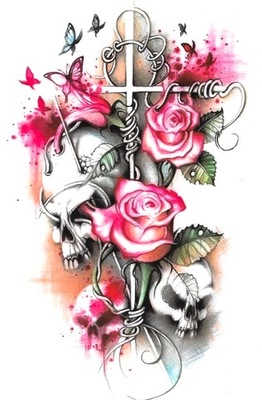 Tatuaż kolorowy czaszki róże