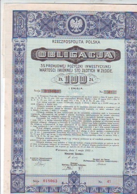Premiowa Pożyczka Inwestycyjna z 1935 r., obligacja na 100 zł granat I em.