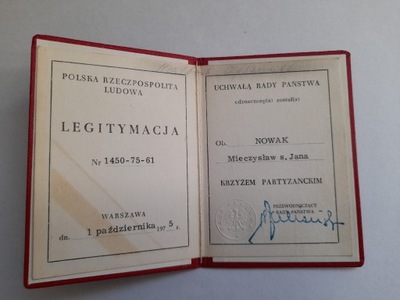 legitymacja Krzyż partyzancki 1975 r.