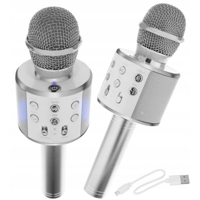 Mikrofon głośnik bluetooth DZIECIĘCY KARAOKE USB SREBRNY