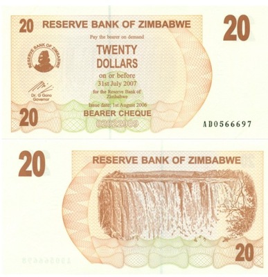 ZIMBABWE 20 DOLARÓW 2007 2006 P-40 UNC