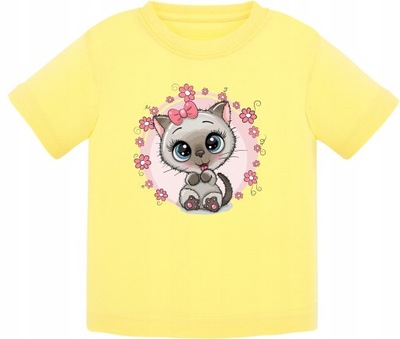 Koszulka żółta T-shirt dziewczęcy kotek kwiaty 110/116 3 4 lata