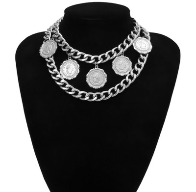 ŁAŃCUCH NASZYJNIK CHOKER SREBRNY MONETA GRUBY COIN