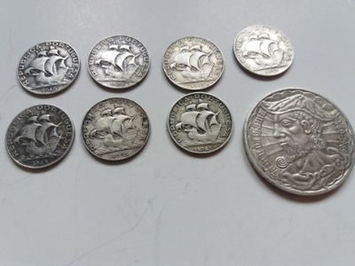 marynistyka 7 srebrnych monet żaglowce + Vasco da Gama