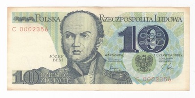 Banknot 10 zł 1982, seria C, st. 2, NISKI NUMER