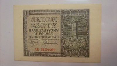 Banknot 1 zł 1941 - seria AE stan 1-