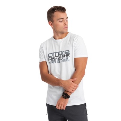 T-shirt męski bawełniany z nadrukiem biały V1 OM-TSPT-0160 M