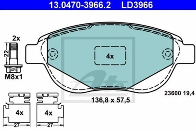 ATE 13.0470-3966 JUEGO ZAPATAS HAMULCOWYCH, FRENOS TARCZOWE  