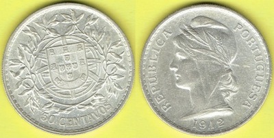 PORTUGALIA 50 Centavos 1912 r. Ag