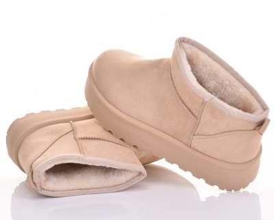 MODNE BOTKI NA PLATFORMIE OCIEPLONE FUTERKIEM GRUBA PODESZWA BEŻOWE