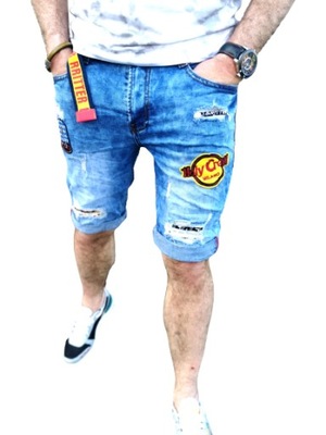 Krótkie spodenki jeans męskie naszywki blue R 31