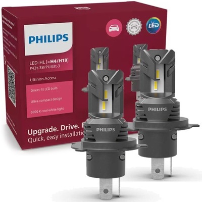 PHILIPS LEMPUTĖS LED H4 H19 ULTINON ACCESS 6000K LATWY MONTAVIMAS PLUG&PLAY 2 ШТ. 