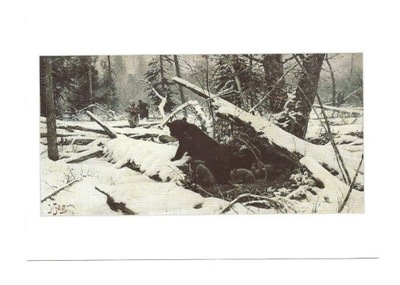 Pocztówka - Julian Fałat, Polowanie na niedźwiedzicę ...