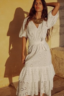 ZARA lux biała sukienka z haftem i paskiem XS