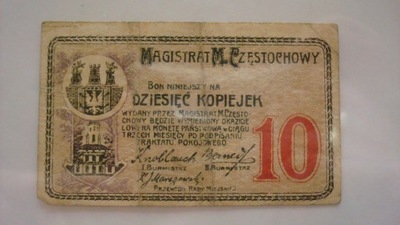 Banknot 10 kopiejek 1916 Częstochowa