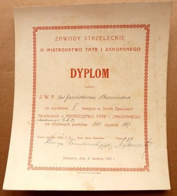Dyplom Strzelecki 86 Pułk Piech Zakopane 1932(665)
