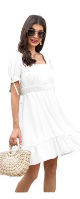 Biała sukienka rozkloszowana bufki wiązana L 40