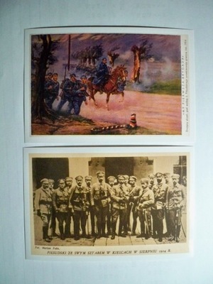 Piłsudski... Kielce 1914... i Piłsudski na granicy ros.1914 - 2 pocztówki.