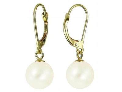 Złote kolczyki z białymi perłami Duże Okrągłe perły 8mm Klasa AAA Wiszące